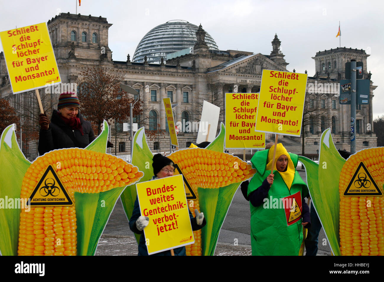 Impressionen - Demonstration der Organisation Campact Gegen Gentechnik, Reichstagsgebaeude, 16. Januar 2017, Berlin. Stockfoto