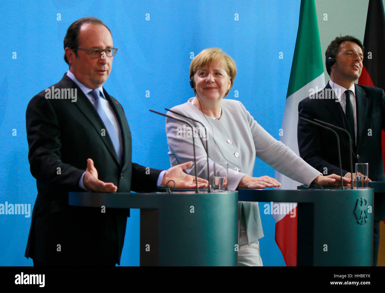 Francois Hollande, BKin Angela Merkel, Matteo Renzi - Treffen der dt. Bundeskanzlerin Mit Dem Italienischen Ministerpraesidenten Und Dem franzoesische Stockfoto