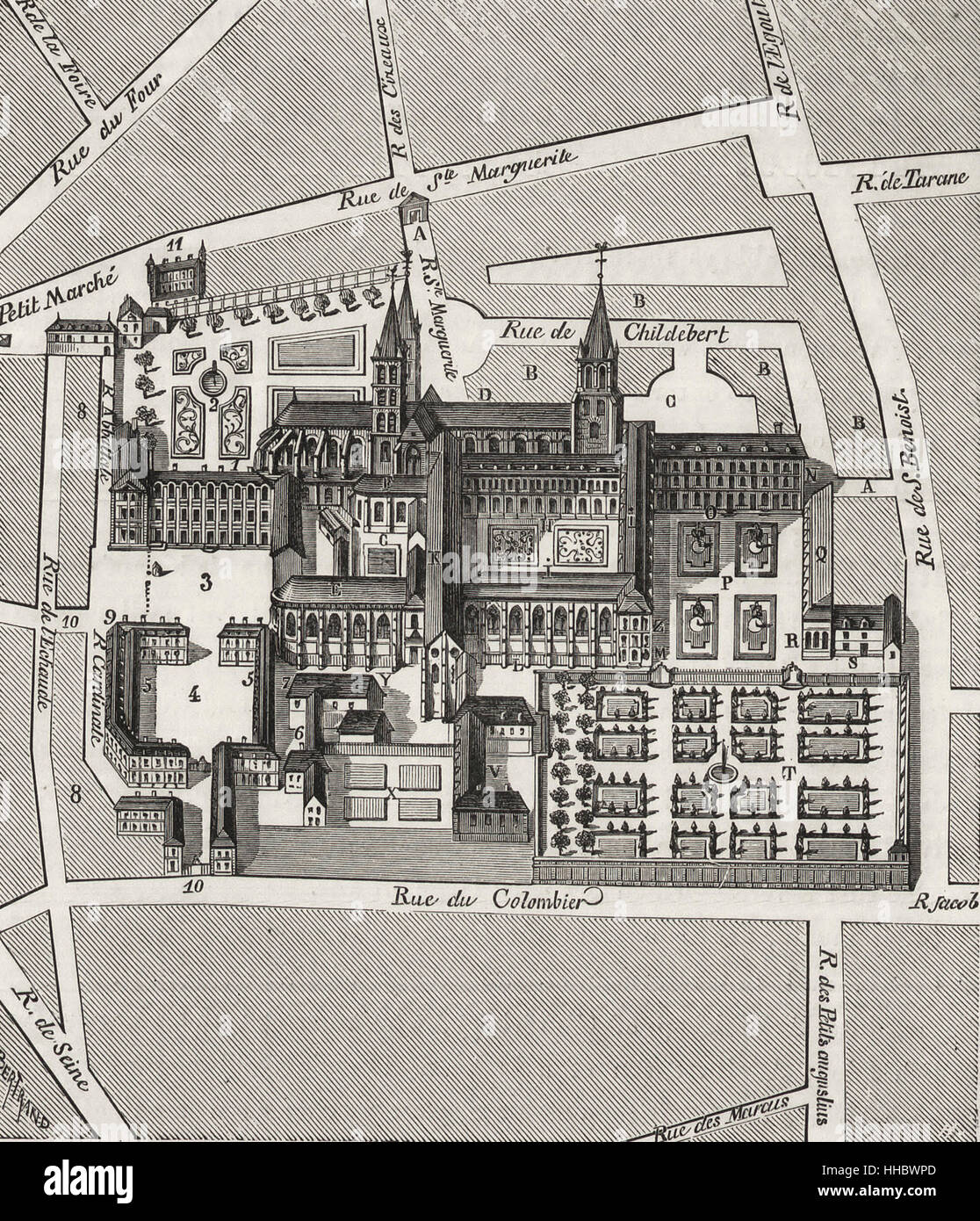 Nord-Blick auf die Abtei von St. Germain-des-Prés im siebzehnten Jahrhundert Stockfoto