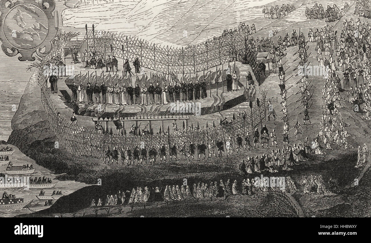 Das große Martyrium von Nagasaki, 10. September 1622, in dem 22 Missionaren und einheimischen Christen zu Tode, und dreißig andere verbrannt wurden darunter mehrere Frauen und Kinder, geköpft, in Anwesenheit einer großen Menschenmenge Stockfoto
