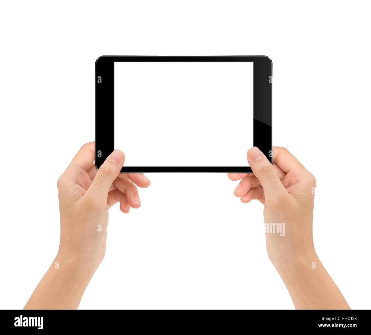Mock-up Tablet bei Frau hand isoliert auf weiss Schneidepfad innen Stockfoto