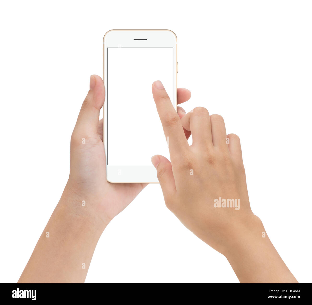 Close-up Hand berühren Telefon Handy-Display isoliert auf weiss, mock-up Smartphone leerer Bildschirm einfache Justage mit Beschneidungspfad Stockfoto