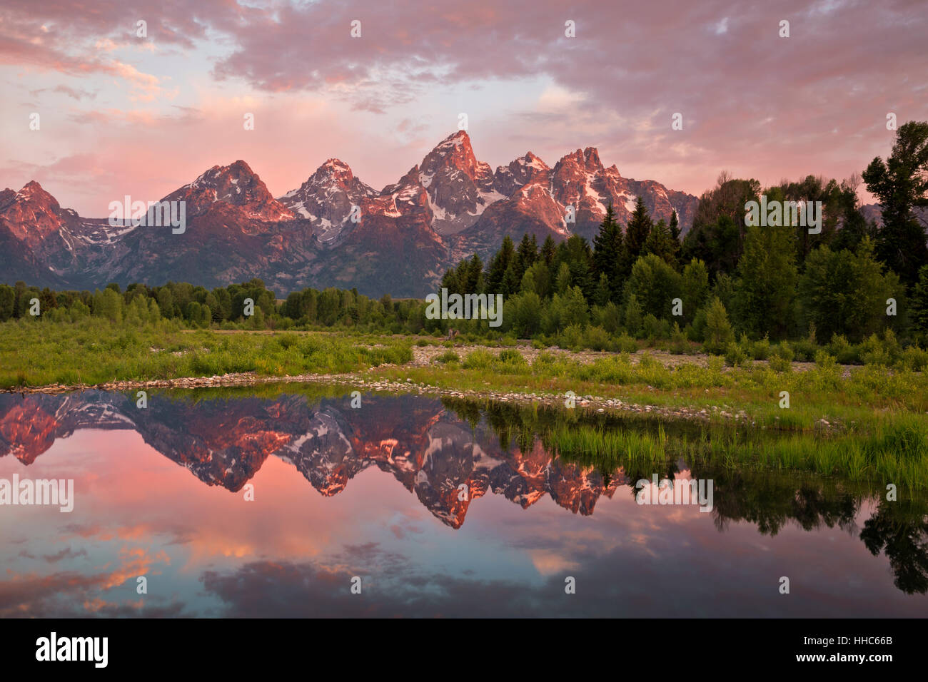 WY02064-00... WYOMING - die Teton reflektiert in einem Biber Teich am Snake River bei Sonnenaufgang im Grand Teton National Park. Stockfoto