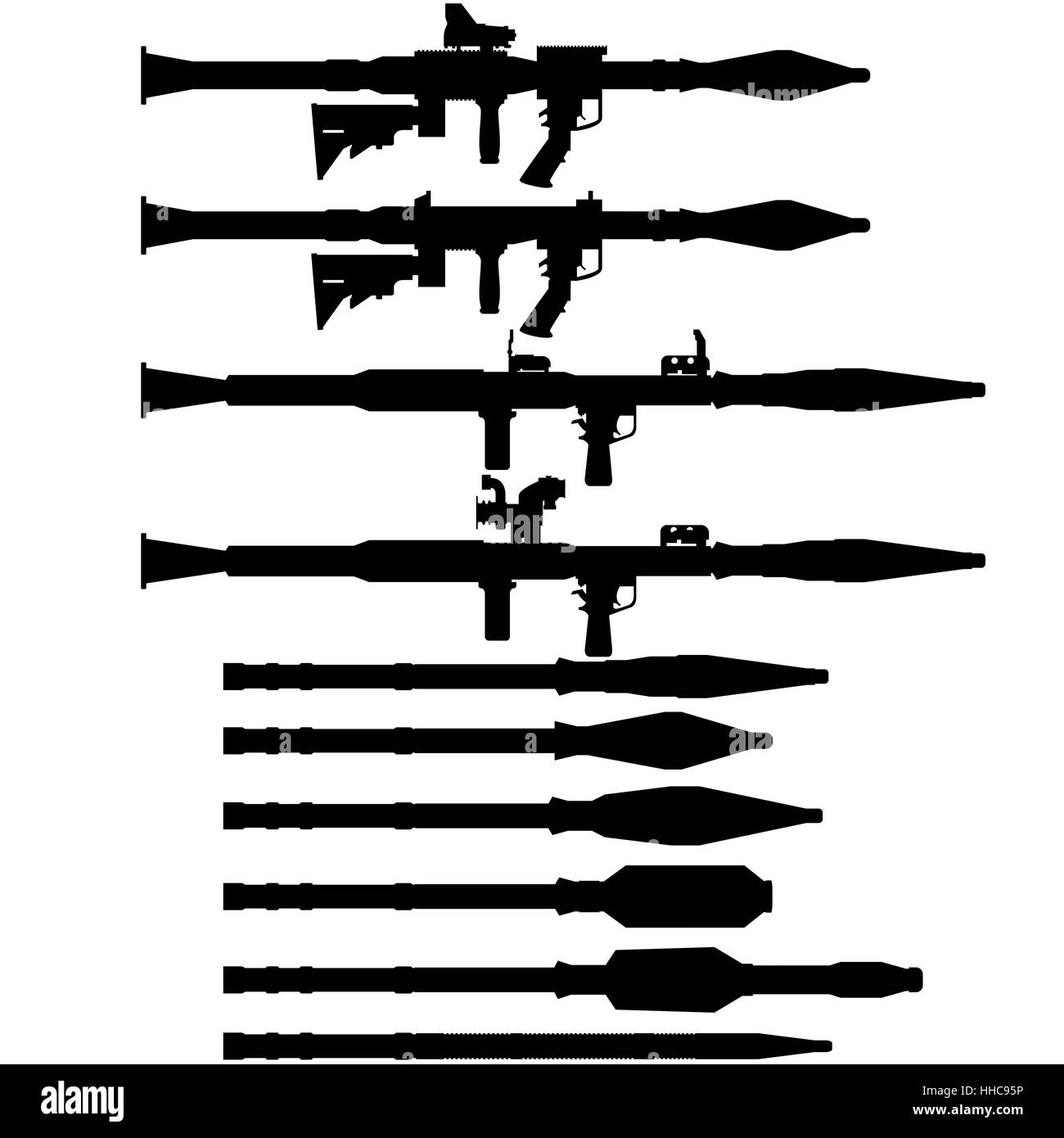 Die Kontur der sowjetischen und russischen Granatwerfer und Granaten für RPG-7. Die Abbildung auf einem weißen Hintergrund. Stockfoto