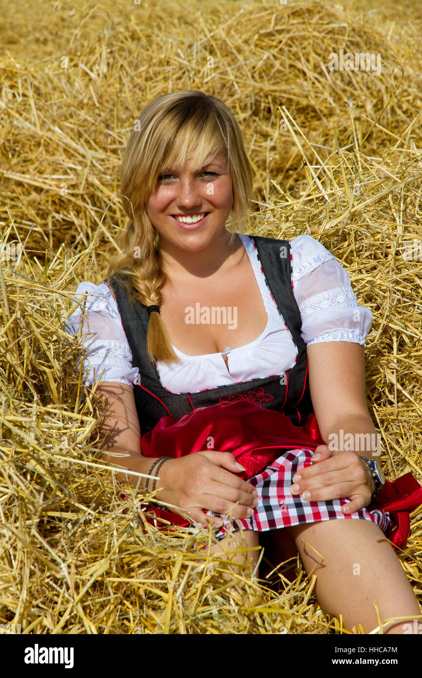 Frau, Urlaub, Urlaub, Ferien, Urlaub, Heu, Stroh, Put, sitzen, sitzen, Stockfoto