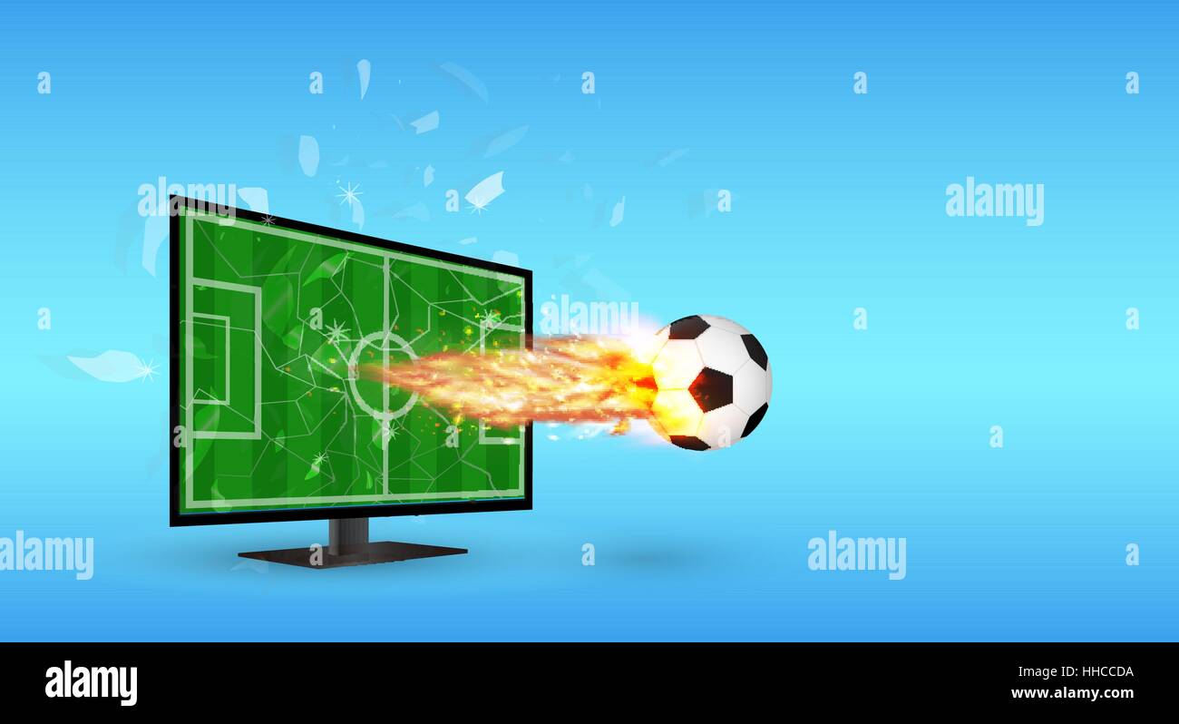 Rissig-Fernseher mit Fußball und Feuer über Bildschirm Stock Vektor