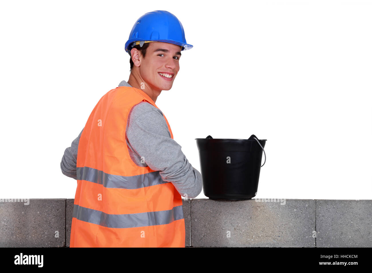 blau, Eimer, Ziegel, Block, Baumeister, blau, Menschen, Menschen, Menschen, Folk, Stockfoto