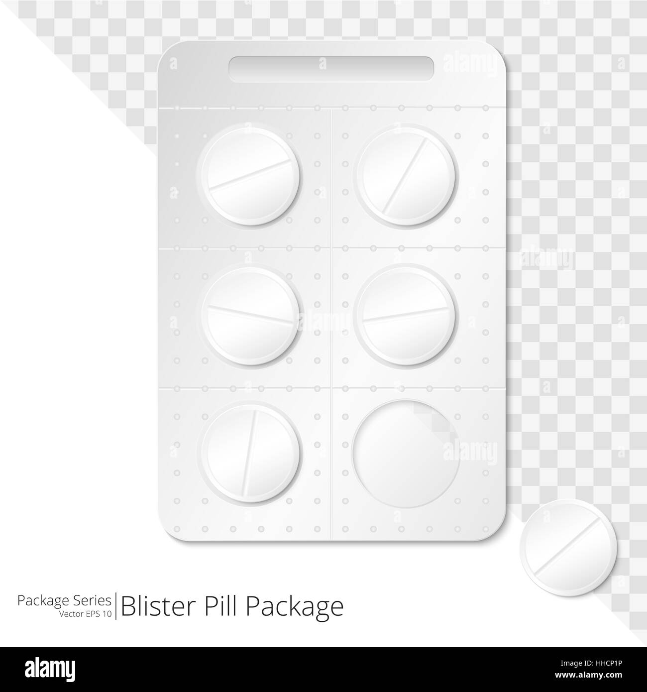 Vektor-Illustration der Blisterverpackung 5 Pillen. Eine Pille außerhalb Blister. Stockfoto