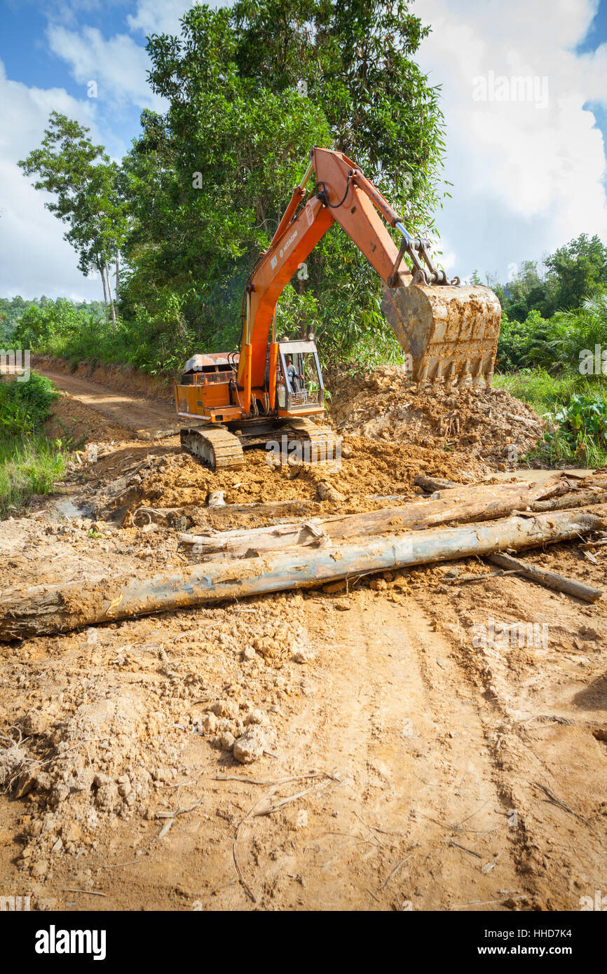 Mechanischen Bagger- oder JCB - Gebäude ein Protokoll Brücke über einem Bachbett, ländlichen Sabah, Malaysia Borneo Stockfoto