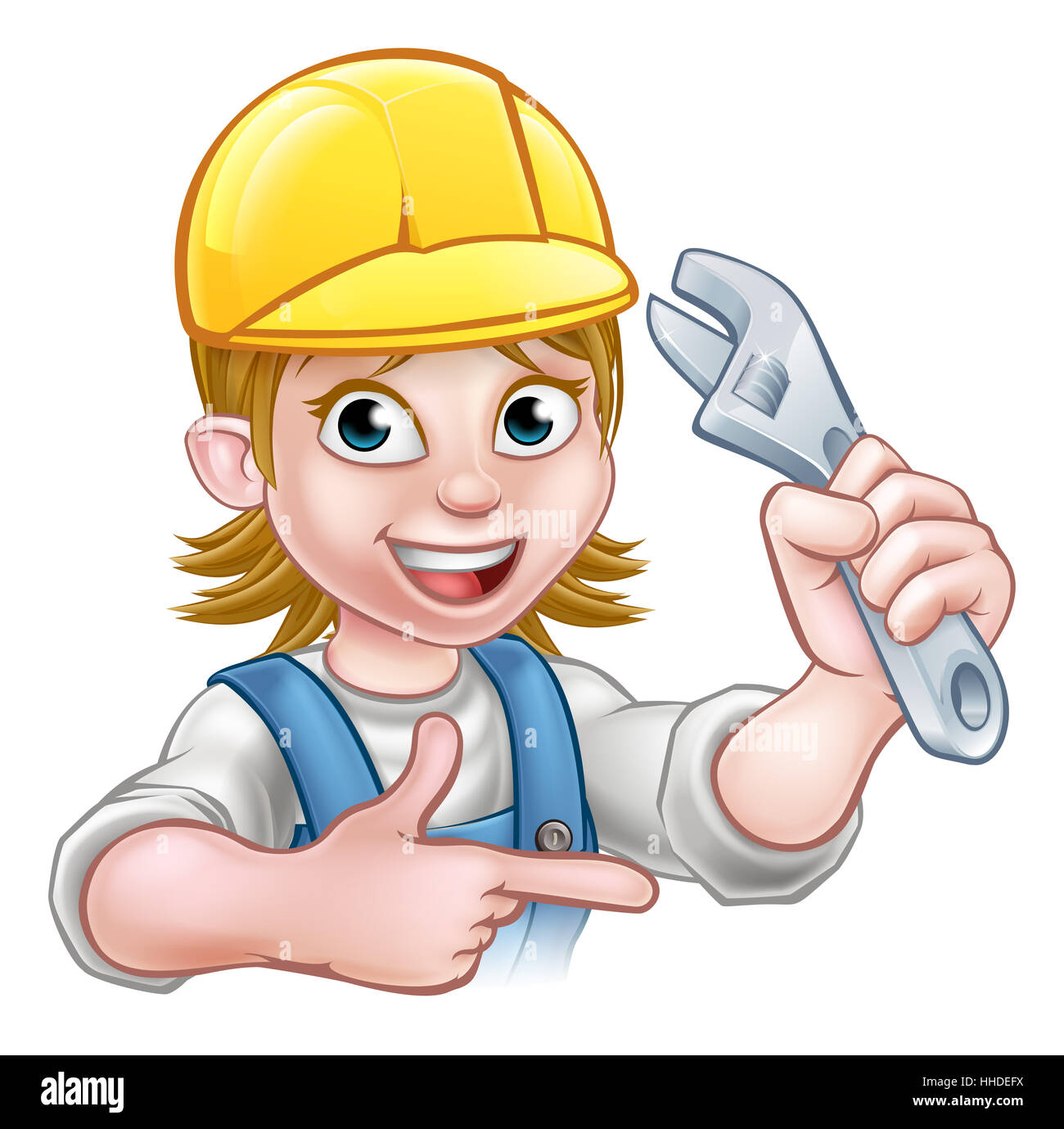Ein Mechaniker oder Klempner Handwerker Cartoon-Figur hält einen Schraubenschlüssel und zeigen Stockfoto
