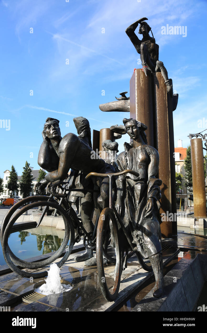 Quadrat, Belgien, Bronze, Brügge, Spalten, vier, Biker, Fischer, Flandern, Stockfoto