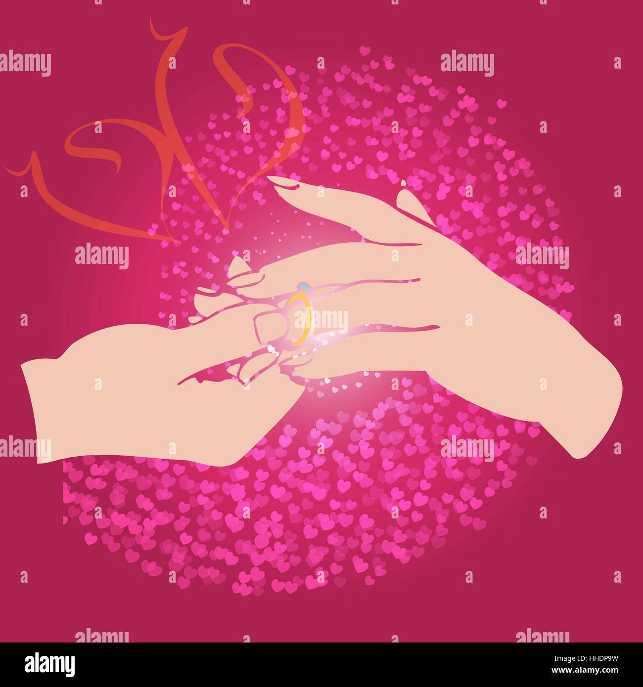 Bräutigam steckt den Ring an der Hand der Braut, Hochzeit und Valentines Day Card Vektor-Illustration. Element-Design für Karten und Einladung Stock Vektor