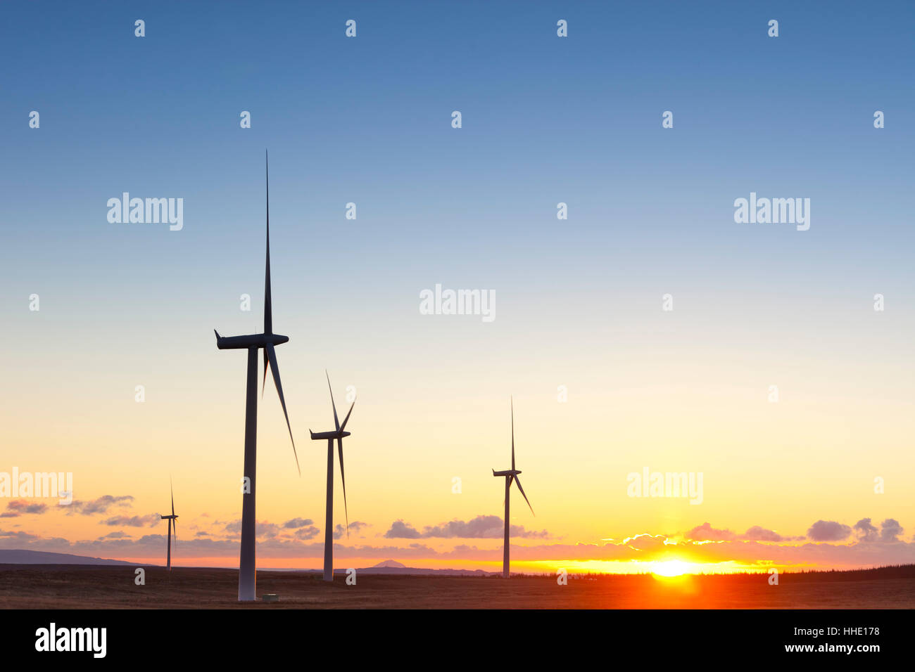 Windenergieanlagen Sie bei Sonnenuntergang, Whitelee Wind Farm, Scotland, UK Stockfoto