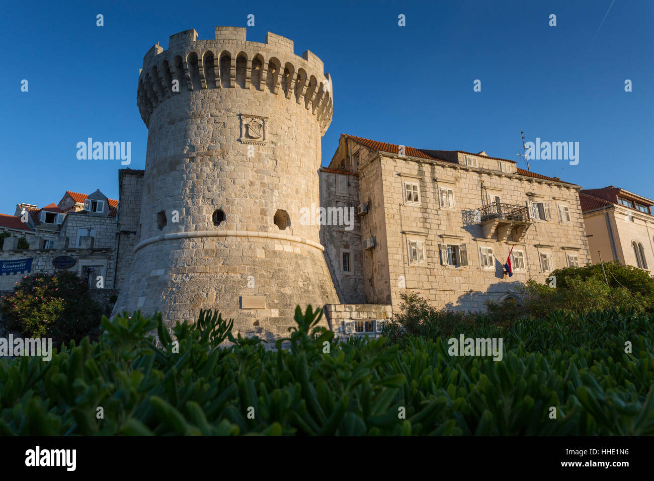 Festungsturm in Korcula Town, Korcula, Dalmatien, Kroatien Stockfoto