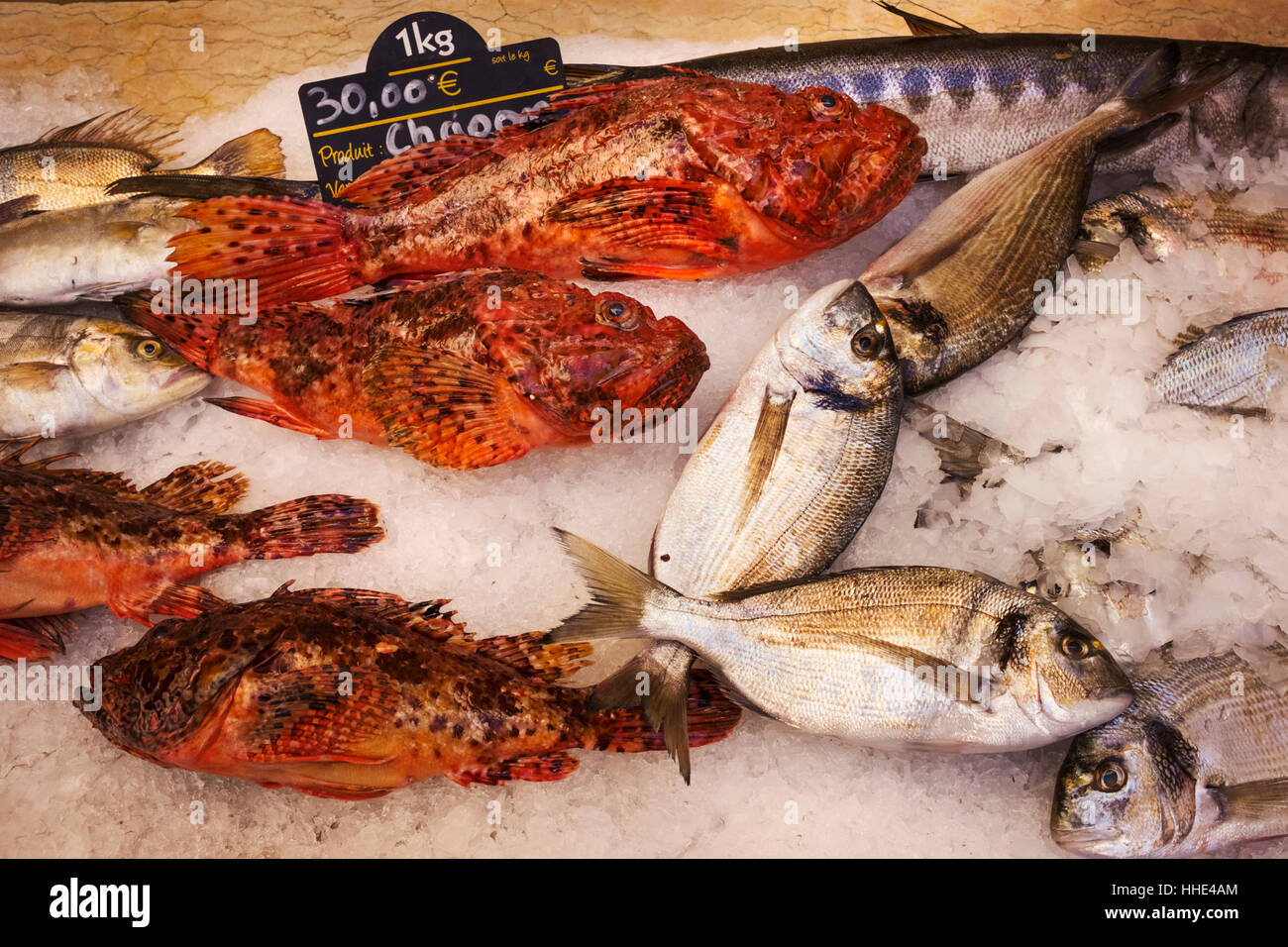 Eine Darstellung der Frischfisch auf Eis auf einem Marktstand. Stockfoto