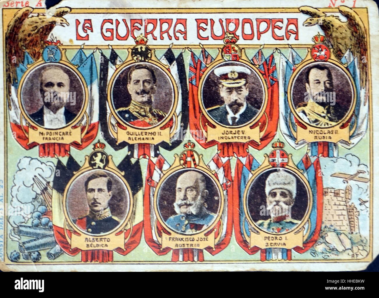 Ersten Weltkrieg Herrscher der europäischen Nationen auf einer spanischen Postkarte abgebildet. Obere Reihe von links nach rechts: Präsident Poincare, Frankreich; Wilhelm II., Deutscher Kaiser; George V, König von Großbritannien; Zar Nikolaus II. von Russland. Untere Reihe L bis R: König Albert von Belgien; Kaiser Franz Josef von Österreich und König Peter von Serbien. 1915 Stockfoto