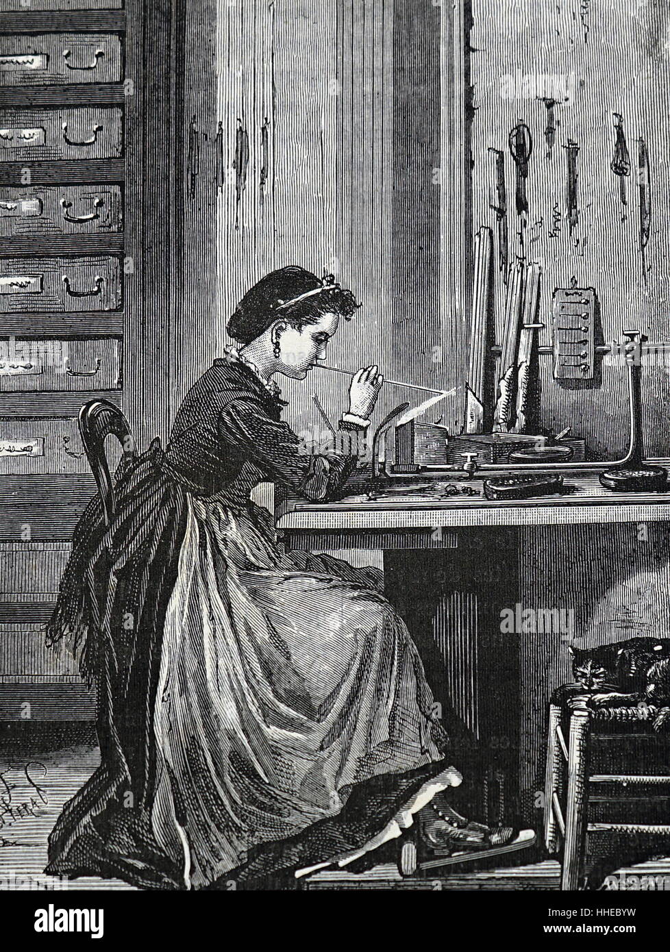 Arbeitnehmerin Glasbläserei, Artificiaql zu bilden Perlen; Glashütte in Paris, Frankreich 1870 Stockfoto