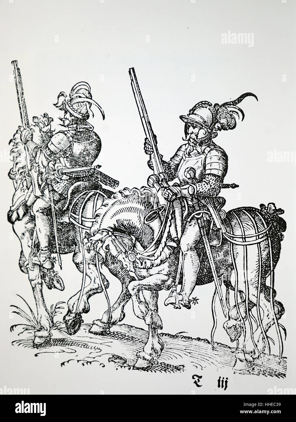 Kavalleristen mit Musketen, Pistolen und Schwerter. Holzschnitt von Jost Amman veröffentlicht 1599 Stockfoto