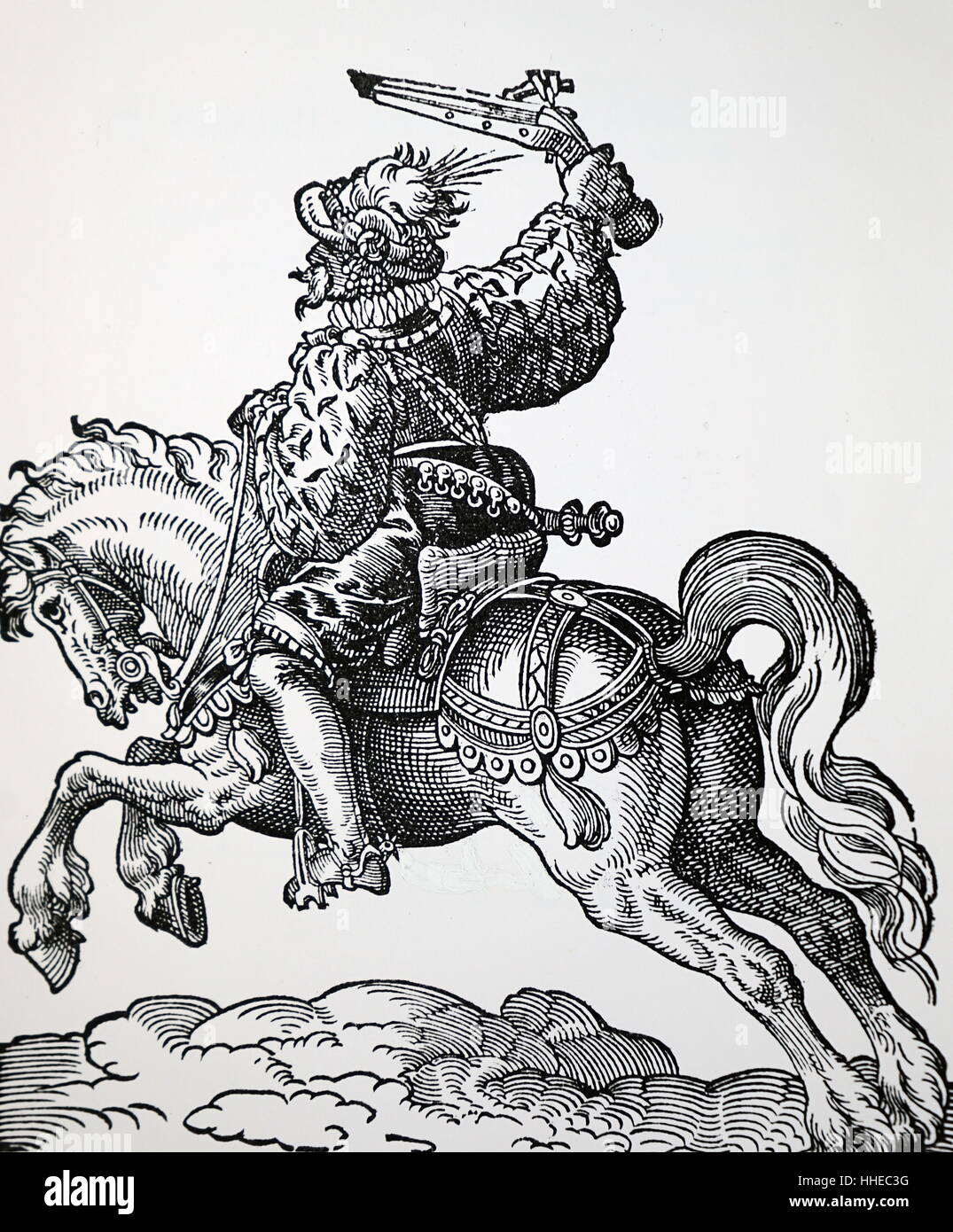 Kavalleristen mit Pistole. Holzschnitt von Jost Amman veröffentlicht 1599 Stockfoto
