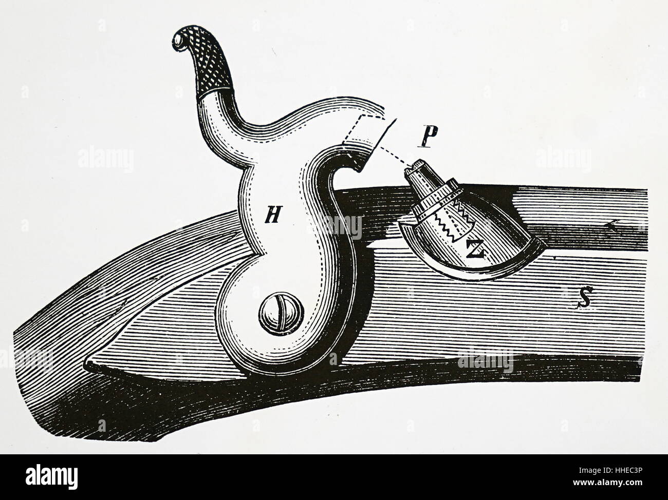 Percussion-Sperre für ein Gewehr. erfunden von John Alexander Forsyth circa 1807 Stockfoto