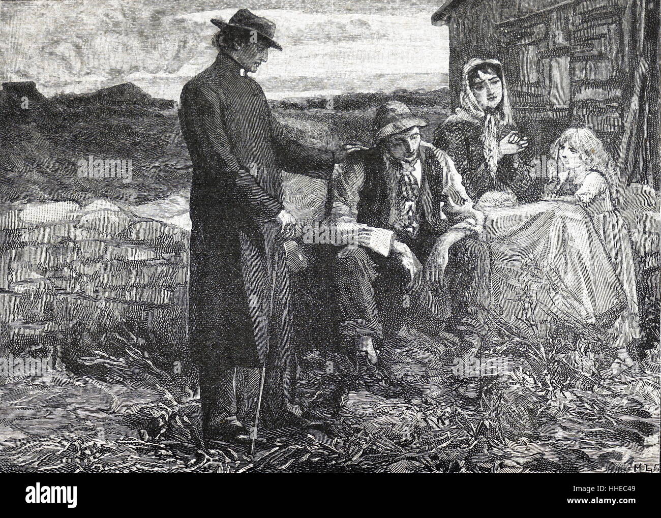 Vater Mathew (Theobald Mathew 1790-1856) Beruhigend eine hungernde Familie während der irischen Hungersnot der 1840er. Vater Mathew unermüdlich gearbeitet, um das Leiden in dieser Zeit zu entlasten. Stockfoto
