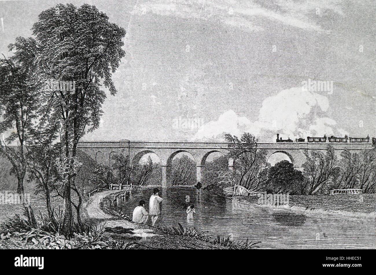 London und Birmingham Gleis 1839. Bahnübergang die fünf Bogen Viadukt über den Fluss Colne, in der Nähe von Watford, Hertfordshire, England, im Jahr 1837 gebaut. Stockfoto