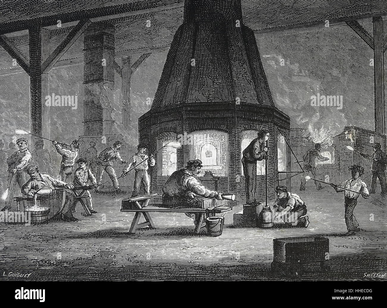 Allgemeine Ansicht eines Glashütte, wo Gläser, Krüge usw., vorgenommen wurden. Im Zentrum £ rechts im Bild ein Werkzeug verwendet wird, um das Objekt geblasen wird, Paris, (C. 1870) Stockfoto