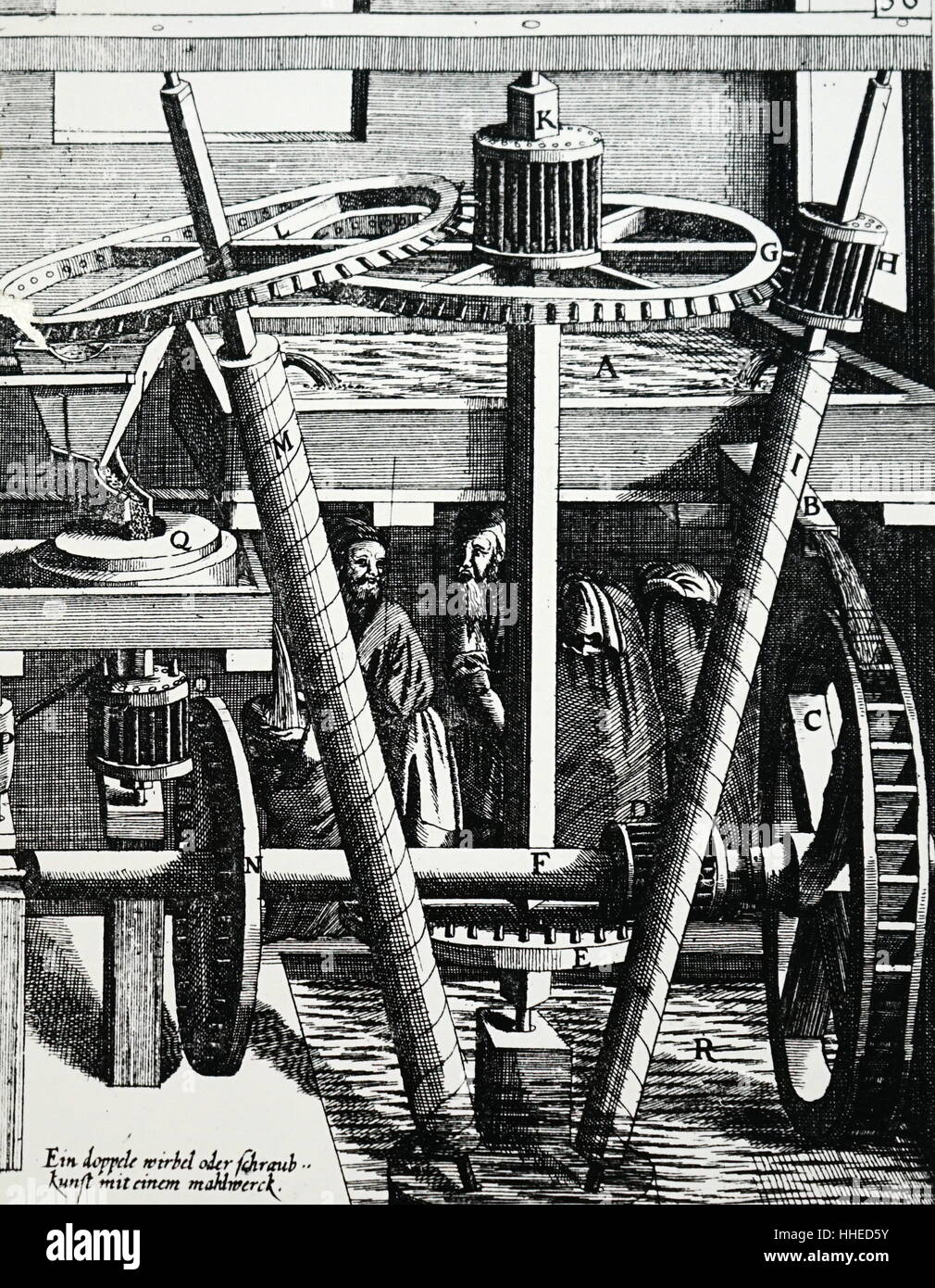 Eine Mühle, Q, die von einem Wasser angetrieben, die in sich selbst durch Wasser angetrieben von einem oberen Zisterne,,, Ich und M. aus Theatrum Machinarum Novum von Georg Andreas Bockler, Nürnberg, 1673, zu dem es soll das Wasser durch zwei Archimedischen Schrauben zu erhöhen Stockfoto