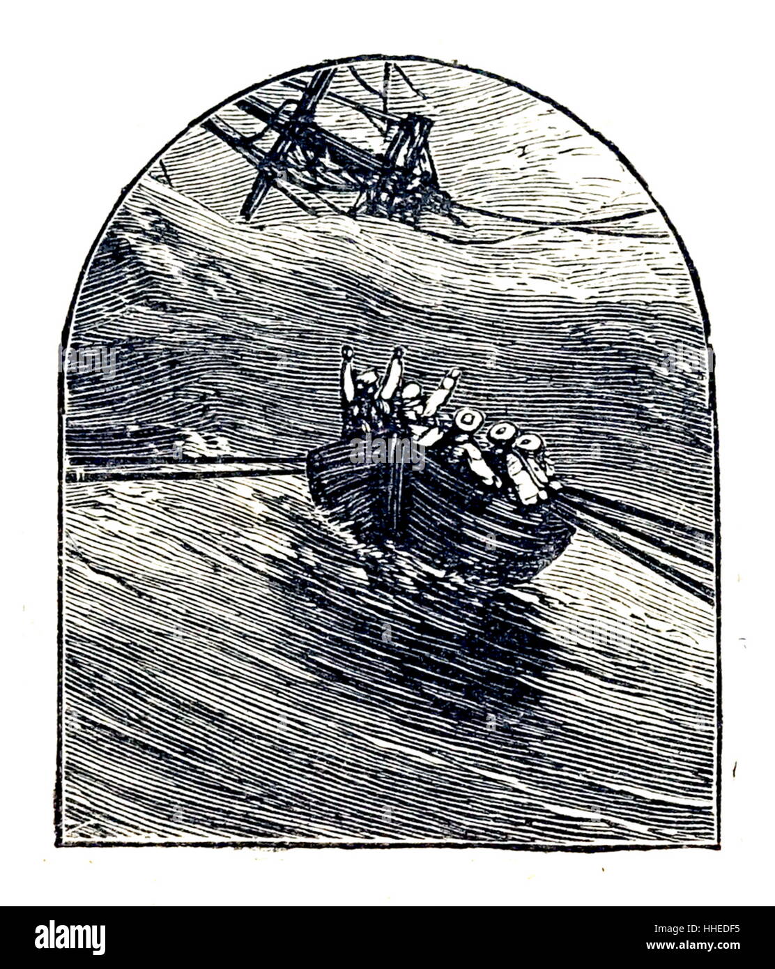 Gravur mit einem Rettungsboot Passagiere von einem sinkenden Schiff zu retten. Vom 19. Jahrhundert Stockfoto