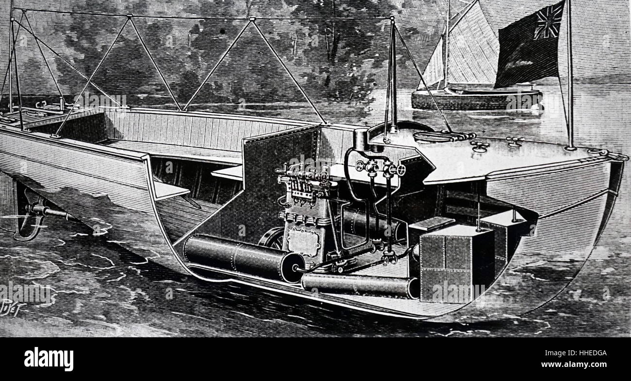 Illustration einer frühen Benzin angetrieben Boot. Vom 20. Jahrhundert Stockfoto