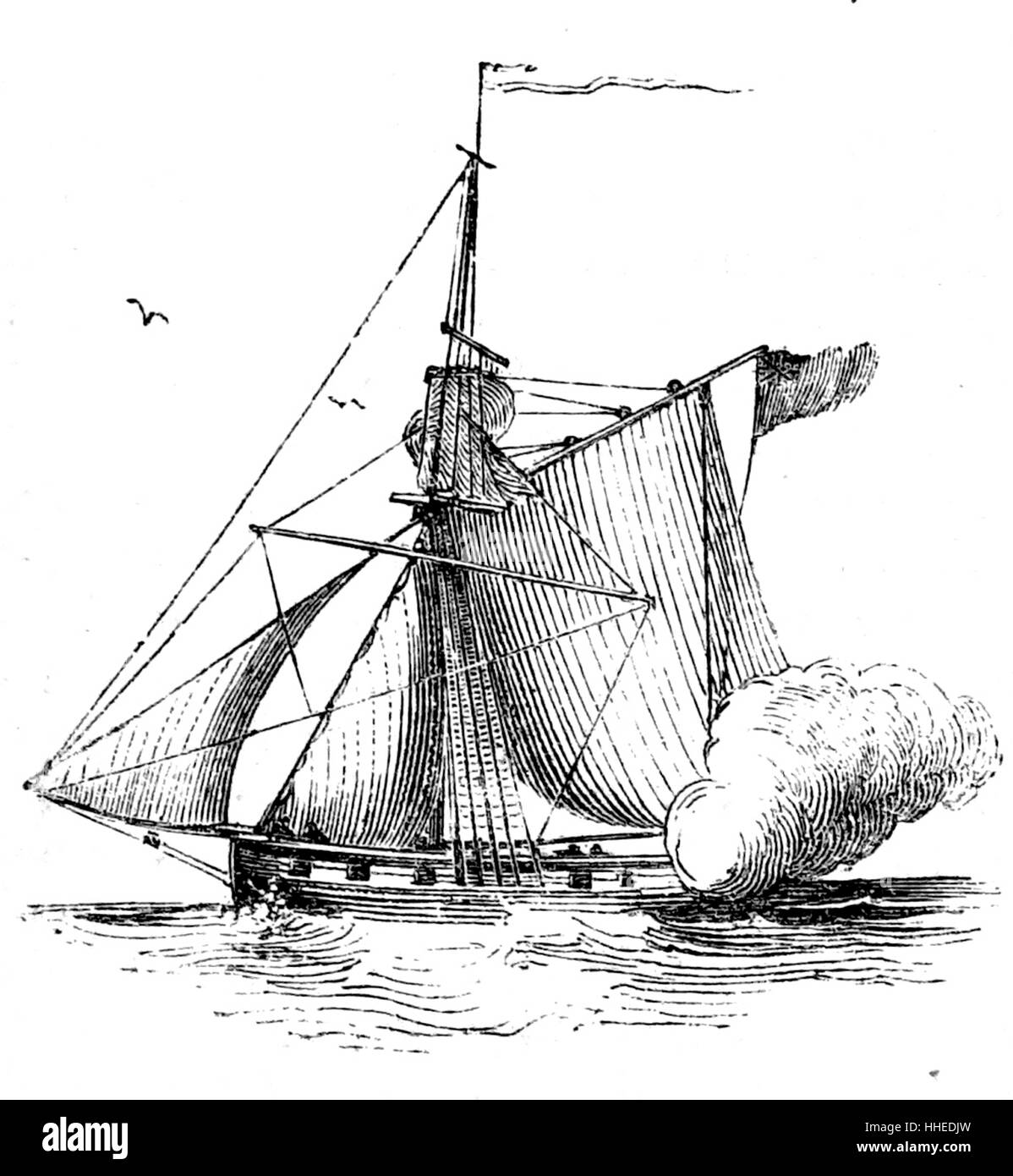 Gravur einer Cutter Boot, in der Regel eine kleine, aber in einigen Fällen ein mittelständisches, Wasserfahrzeuge für Geschwindigkeit und nicht für die Kapazität ausgelegt. Vom 19. Jahrhundert Stockfoto