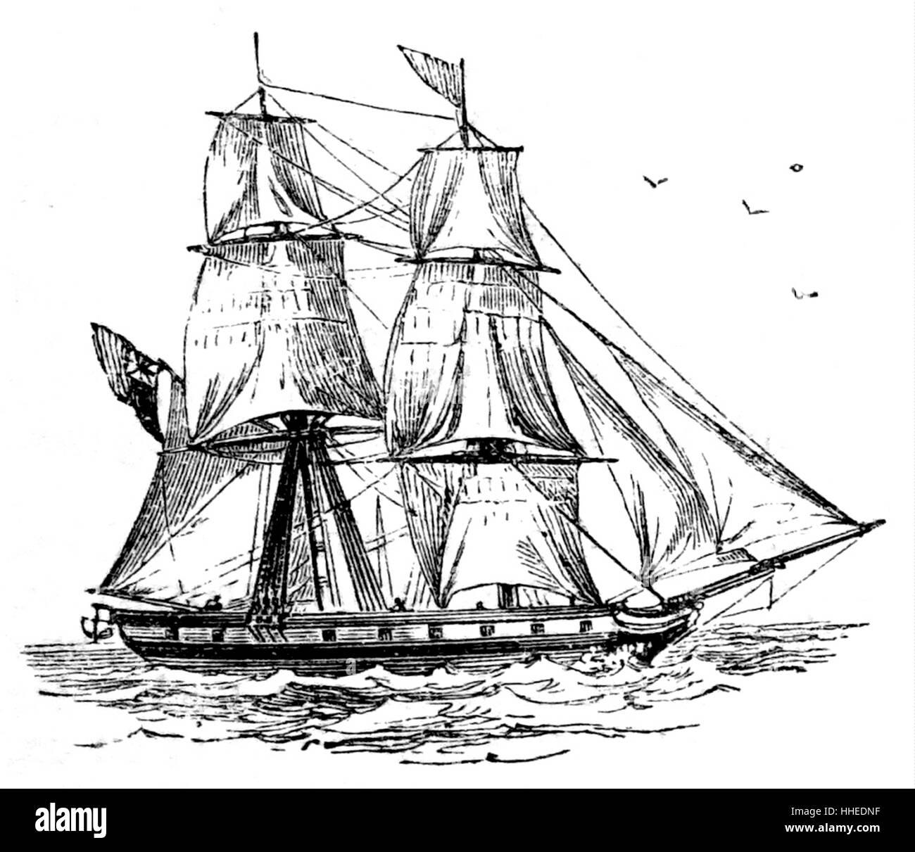Gravur mit einem gedeckten verblüfft Segel, das so positioniert ist, dass der Wind auf der vorderen Seite drückt. Vom 19. Jahrhundert Stockfoto
