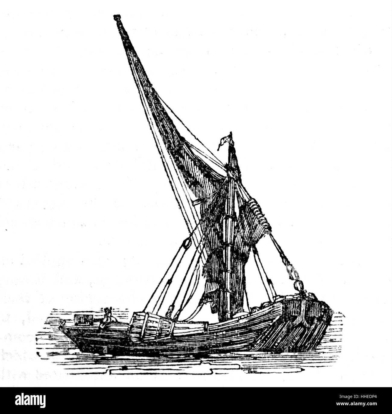 Gravur, die Darstellung eines Bootes mit einem Mast Milchspendereflex für Binnengewässer arbeiten. Vom 19. Jahrhundert Stockfoto