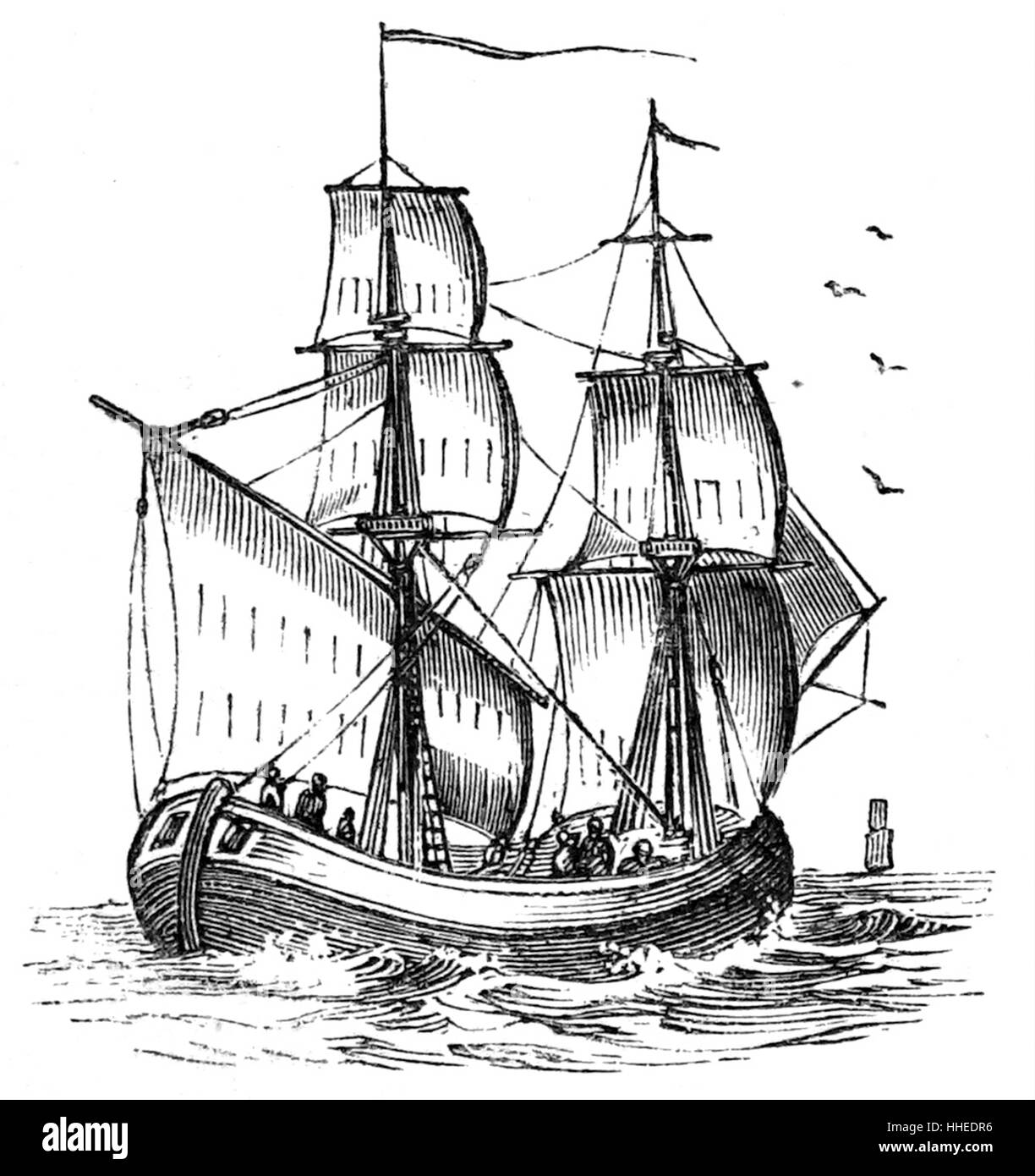 Kupferstich mit der Darstellung eines Bilander, einer kleinen europäischen Handelsschiff mit zwei Masten - in den Niederlanden für die Küste und Canal Datenverkehr verwendet. Vom 19. Jahrhundert Stockfoto