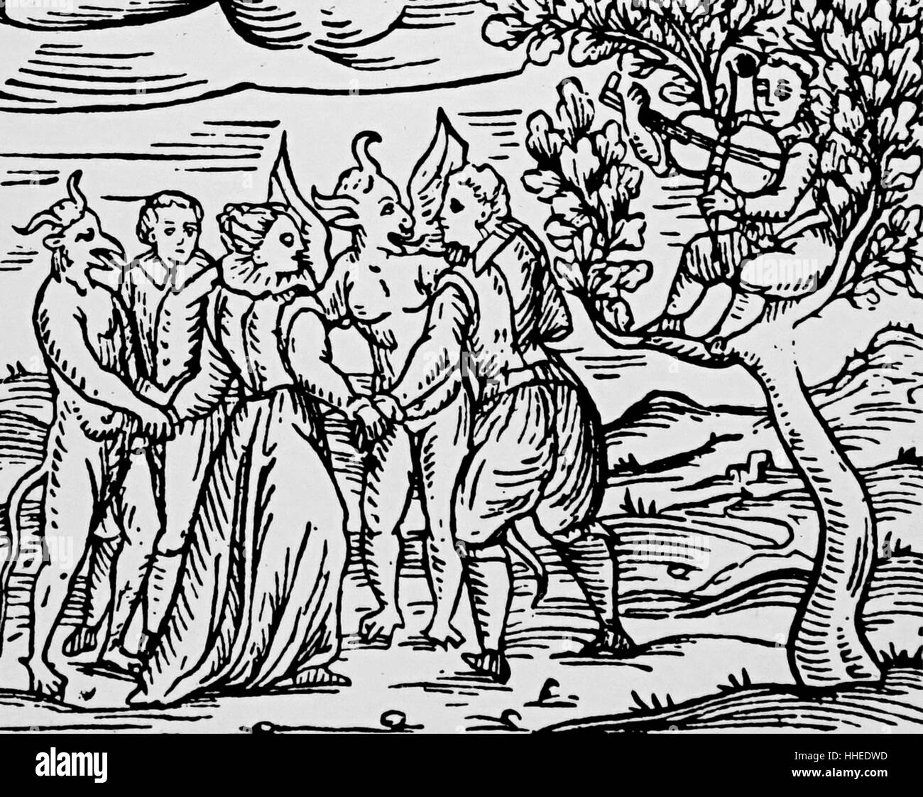 Holzschnitt zeigt eine Gruppe von Hexen und Hexenmeister Tanz mit
