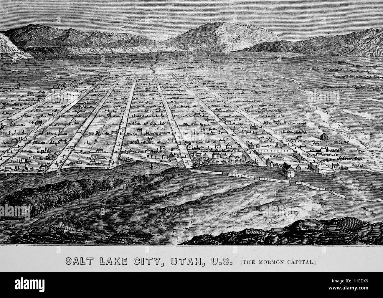 Abbildung zeigt das Hauptquartier der Sekte der Mormonen in Salt Lake City, Utah. Vom 19. Jahrhundert Stockfoto