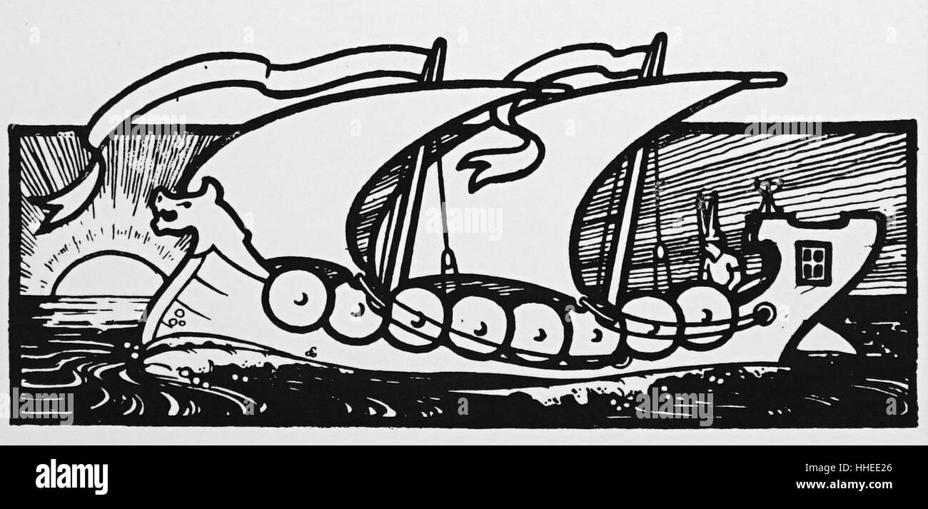 Gravur eines Wikingerschiffes marine Schiffe des einzigartigen Designs, während der Wikingerzeit von den Wikingern gebaut. Vom 10. Jahrhundert Stockfoto