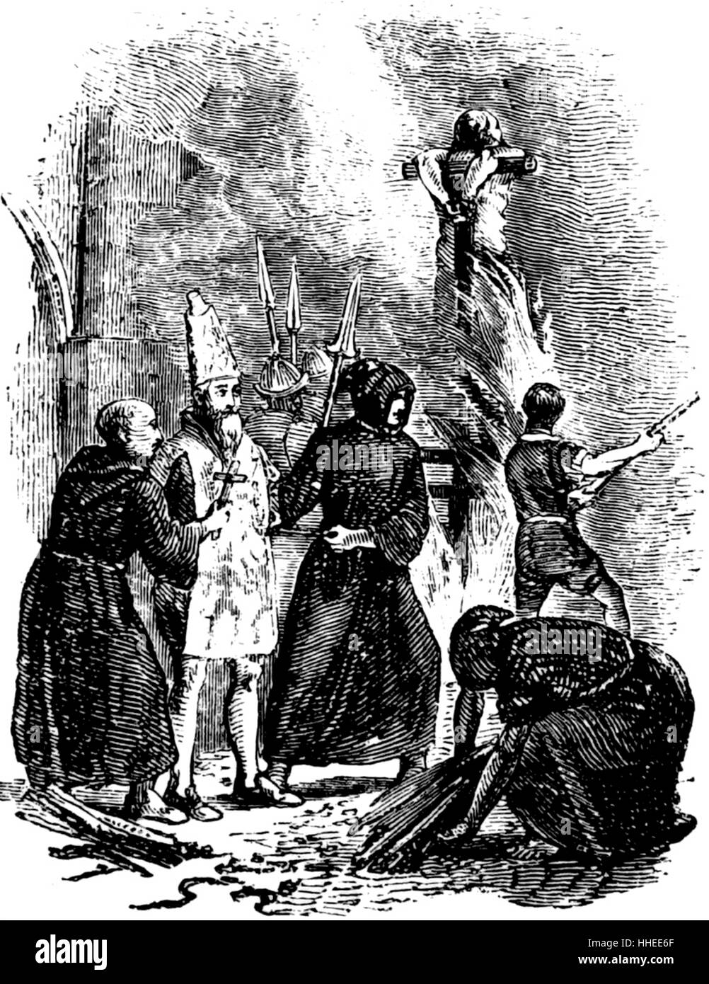 Gravur, ein Opfer der Inquisition auf dem Scheiterhaufen trägt ein San Benito, Leinen insgesamt und Kreaturen aus der Hölle geführt zu werden. Vom 19. Jahrhundert Stockfoto