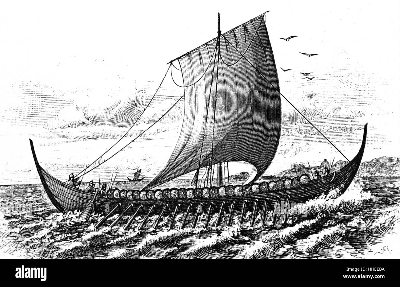 Gravur eines Wikingerschiffes marine Schiffe des einzigartigen Designs, während der Wikingerzeit von den Wikingern gebaut. Vom 10. Jahrhundert Stockfoto