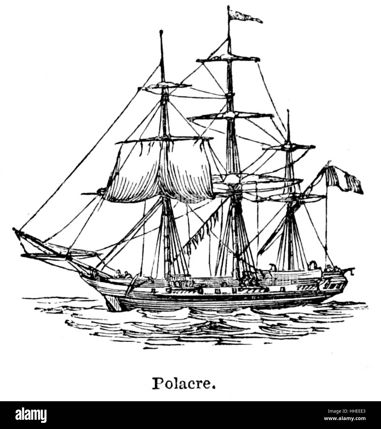 Gravur von einem Polacca, eine Art des siebzehnten Jahrhunderts Segelschiff, ähnlich wie die Schebecke. Vom 19. Jahrhundert Stockfoto
