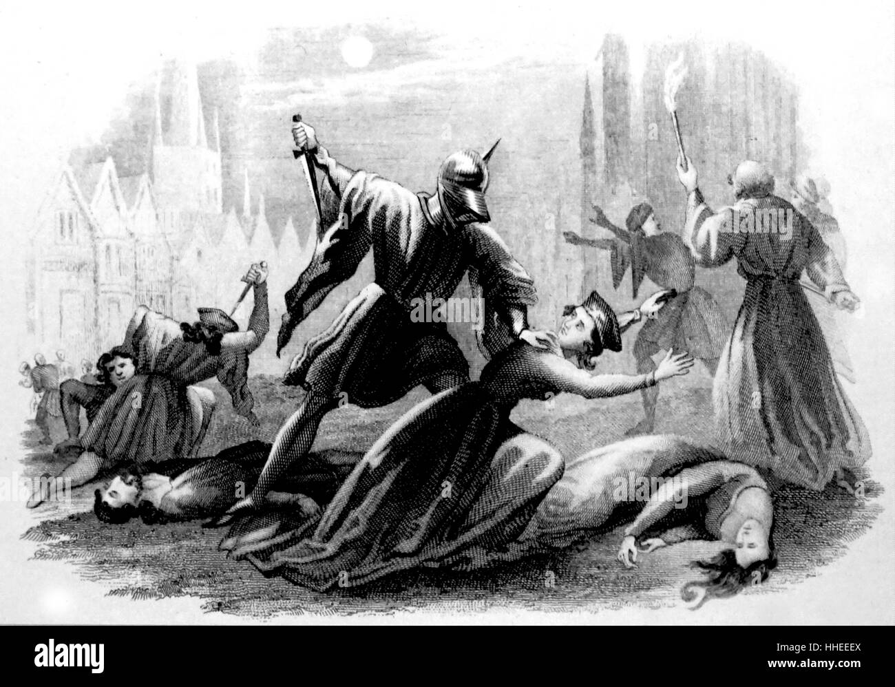 Szene aus der St. Bartholomäus Tag Massaker. einer Zielgruppe von Ermordungen und eine Welle der Katholischen mob Gewalt, die sich gegen die Hugenotten (Französisch reformierte Protestanten) während der französischen Religionskriege. Vom 16. Jahrhundert Stockfoto