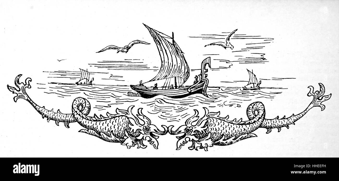 Holzschnitt eines Wikingerschiffes, marine Schiffe des einzigartigen Designs, während der Wikingerzeit von den Wikingern gebaut. Vom 10. Jahrhundert Stockfoto