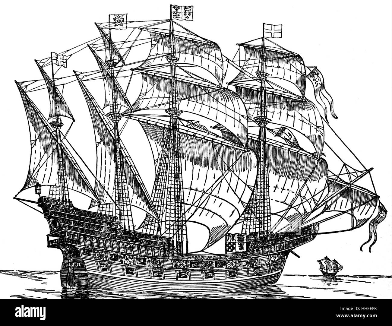 Holzschnitt aus dem 16. Jahrhundert Tudor Marine-Schiff oder Carrack Darstellung. Stockfoto