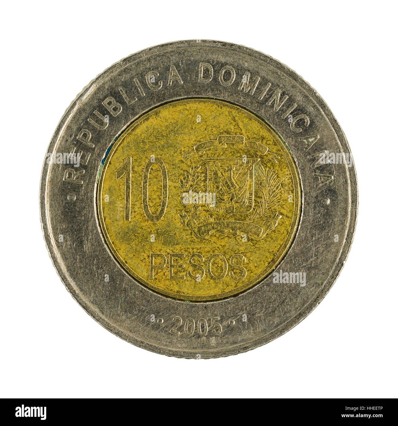 Zehn Dominikanische Pesos Münze, 2005 Stockfoto