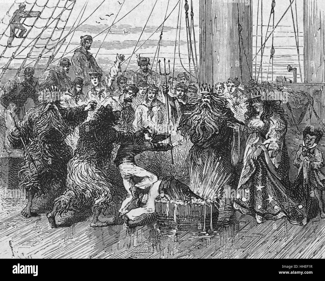 Kupferstich mit der Darstellung der Feier auf einem Schiff zu "markieren Sie die Überquerung des Line" eine Tradition bei der sea-farers überqueren Sie den Äquator. Vom 19. Jahrhundert Stockfoto Kupferstich mit der Darstellung der Feier auf einem Schiff zu "markieren Sie die Überquerung des Line" eine Tradition bei der sea-farers überqueren Sie den Äquator. Vom 19. Jahrhundert Stockfoto