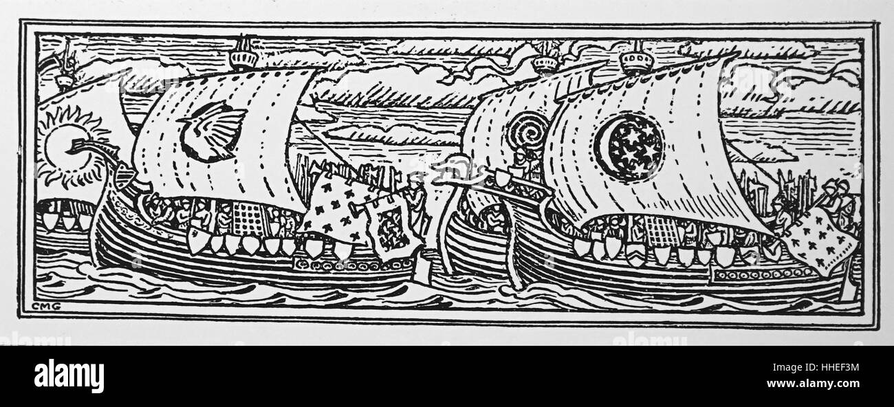 Holzschnitt von Wikingerschiffen, marine Schiffe des einzigartigen Designs, während der Wikingerzeit von den Wikingern gebaut. Vom 10. Jahrhundert Stockfoto