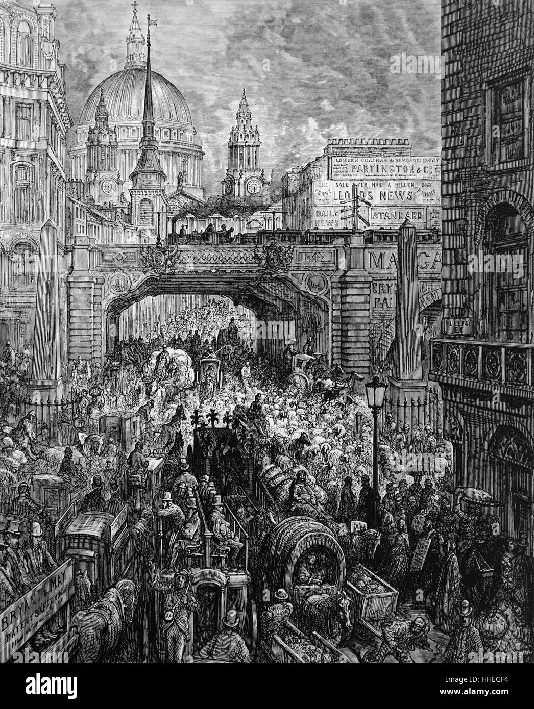 Gravur Darstellung Ludgate Circus von der Unterseite der Fleet Street, Ludgate Hill in Richtung St. Pauls Kathedrale. Vom 19. Jahrhundert Stockfoto