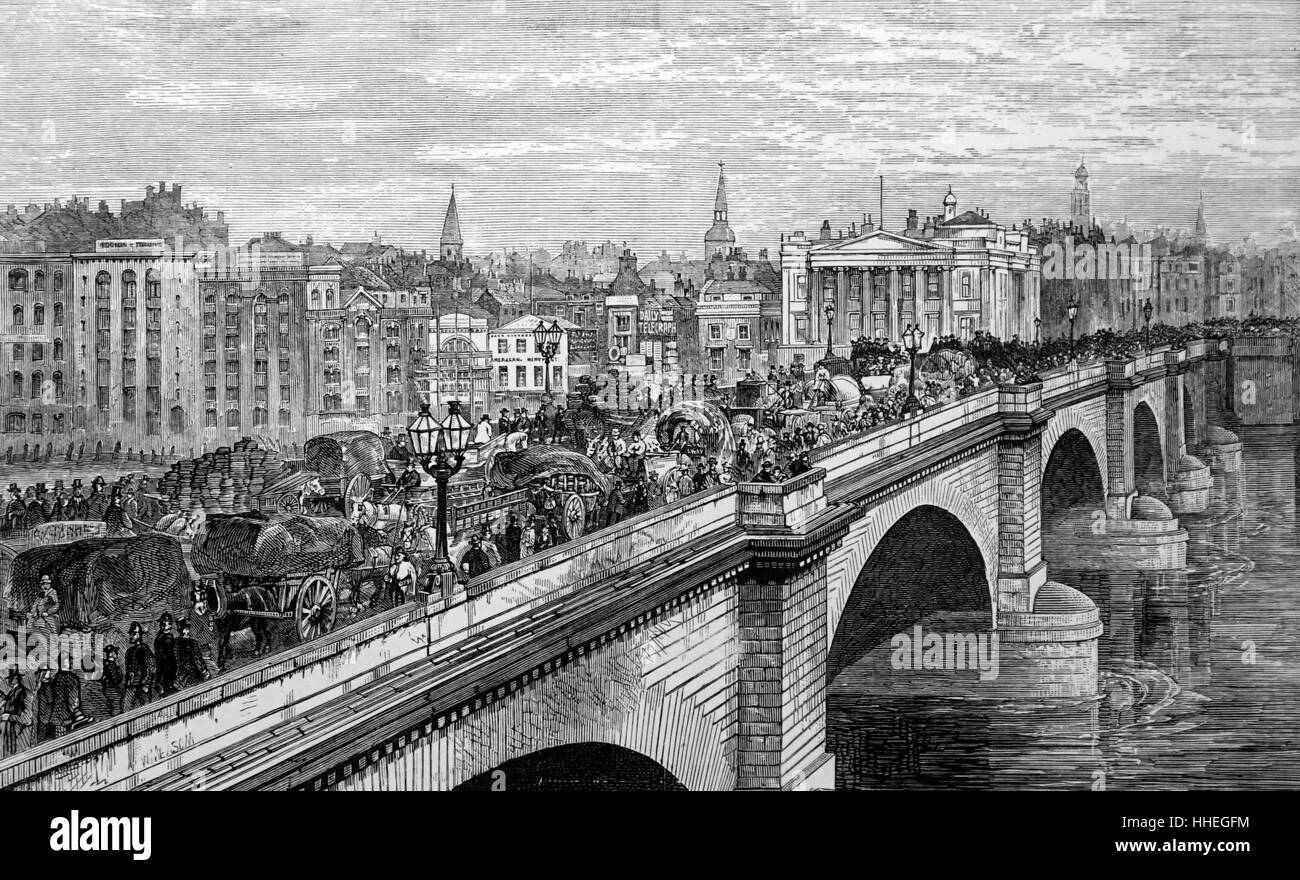 Gravur Darstellung der London Bridge mit Verkehr überfüllt. Vom 19. Jahrhundert Stockfoto