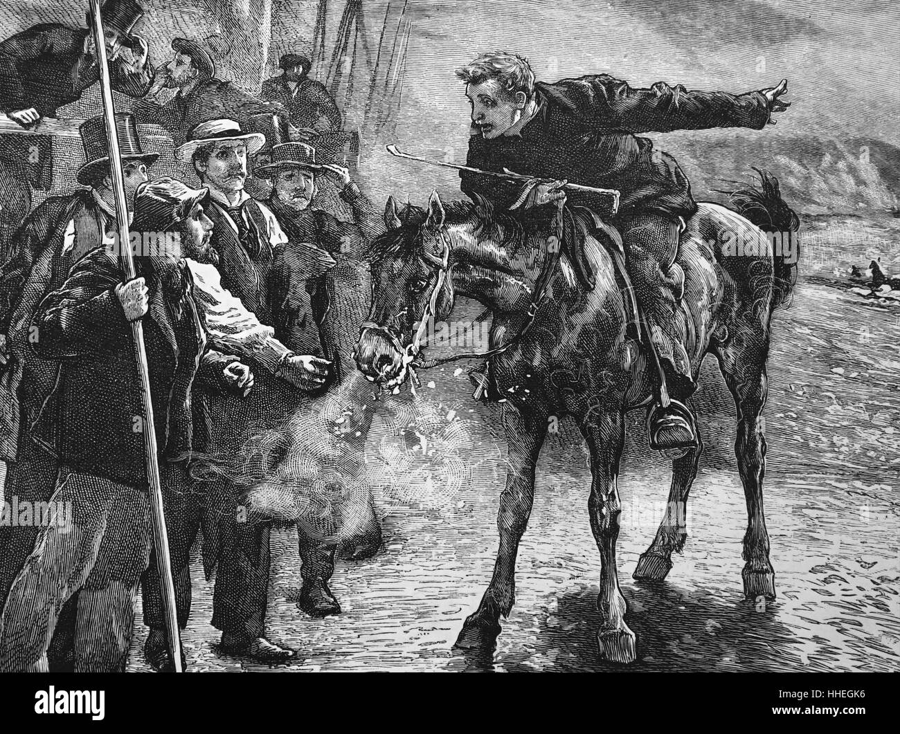 Gravur Darstellung eines Fahrers Penzance Nachrichten eines Schiffes in Seenot bringen. Vom 19. Jahrhundert Stockfoto