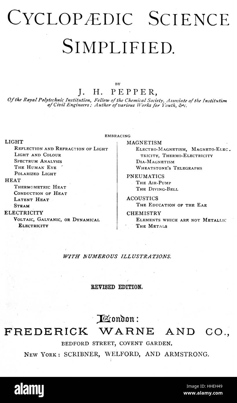 Titelseite von John Henry Pepper "universell Wissenschaft vereinfacht". Vom 19. Jahrhundert Stockfoto